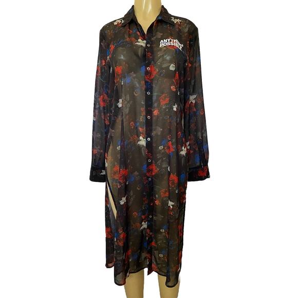 IZZUE Shirt Dress Floral Button Down Sheer Chiffon Cover Up Long Sleeve … - Picture 1 of 7